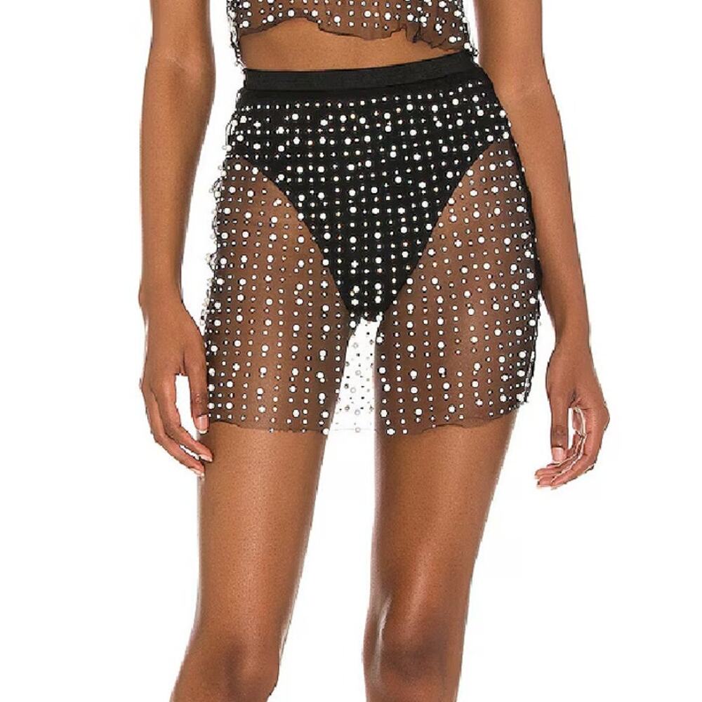 Beach Bunny Black Sheer Rhinestone Mini Skirt
